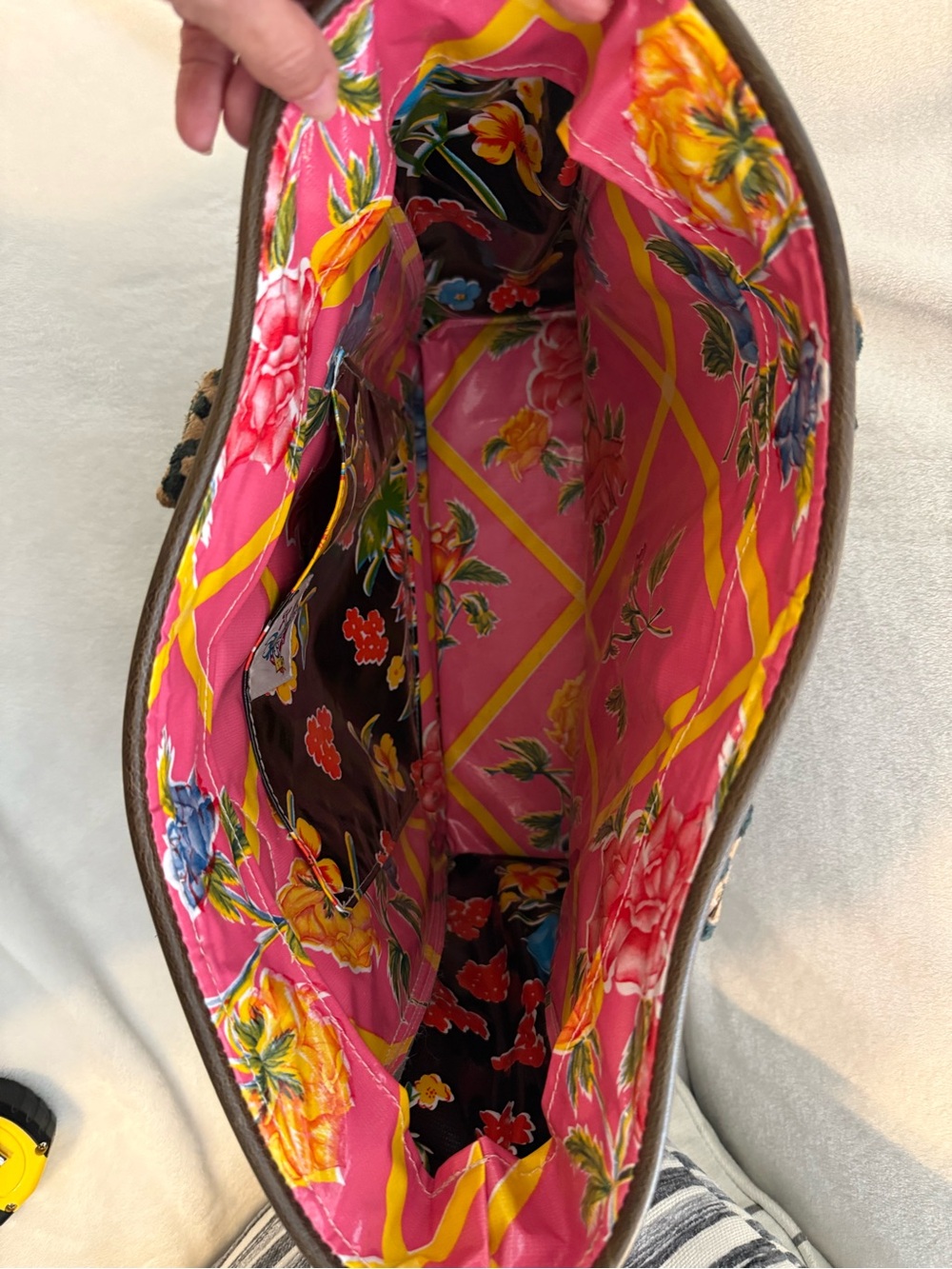 Consuela Vintage Black Tote with Bright Floral interior & sides, inside pocket - Picture 11 of 12